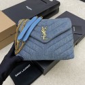Cheap SAINT LAURENT PUFFER SMALL CHAIN BAG IN DENIM AND SMOOTH LEATHER 392277 BLUE Tl14452sZ66