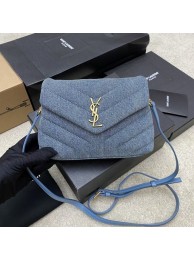 Imitation High Quality SAINT LAURENT PUFFER SMALL CHAIN BAG IN DENIM AND SMOOTH LEATHER 392255 BLUE Tl14453HH94