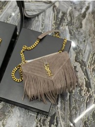 SAINT LAURENT COLLEGE MEDIUM CHAIN BAG IN LIGHT SUEDE WITH FRINGES 5317050 DUSTY GREY Tl14420KX51