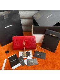 Yves Saint Laurent KATE CHAIN WALLET WITH TASSEL IN CROCODILE-EMBOSSED SHINY LEATHER 452159 red Tl14497Lo54