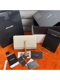 Yves Saint Laurent KATE CHAIN WALLET WITH TASSEL IN CROCODILE-EMBOSSED SHINY LEATHER 452159 WHITE Tl14499Fh96